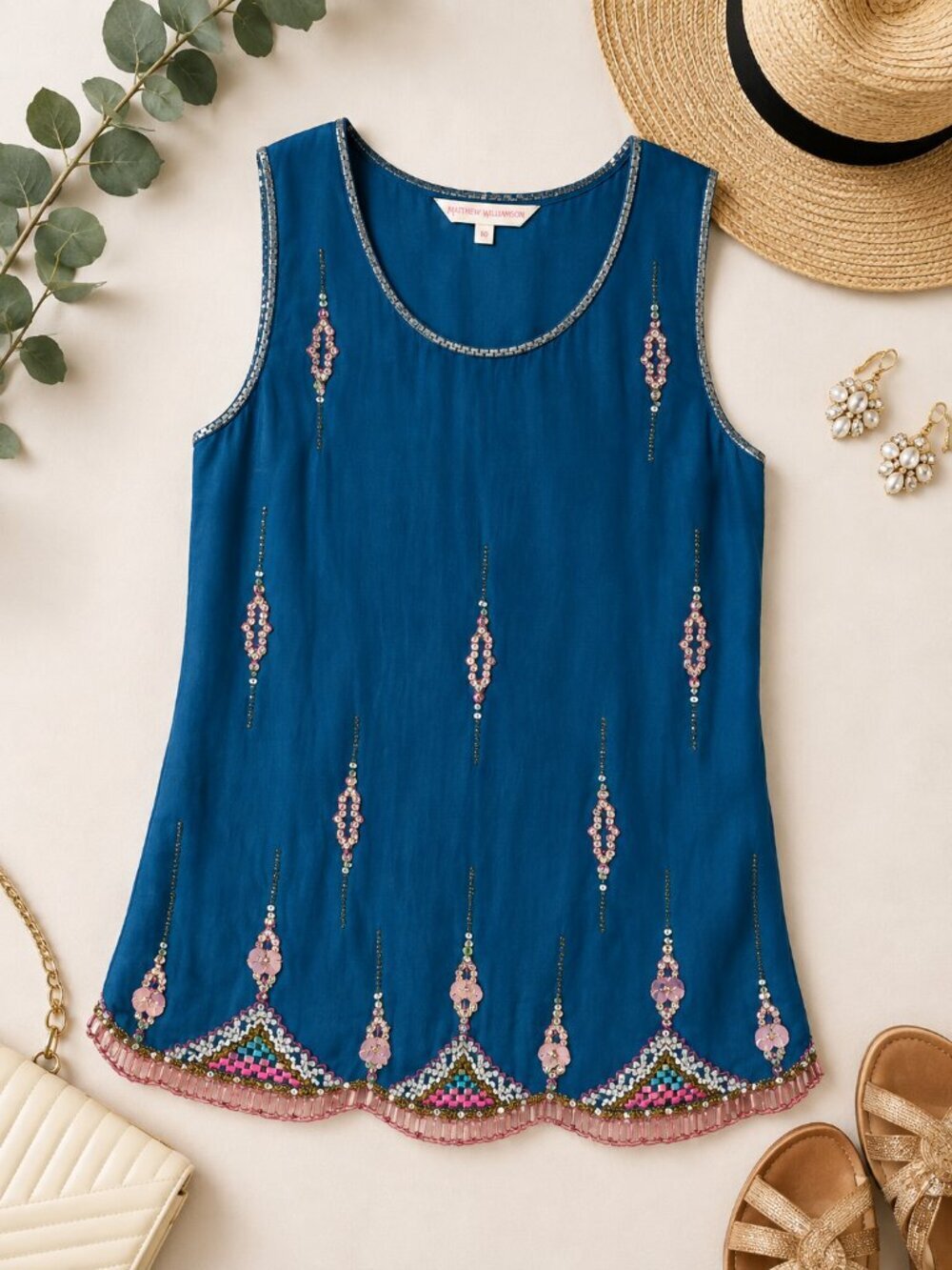 Matthew Williamson 100% Silk Embellished Teal Sleeveless Tank Top Size 10 NWT